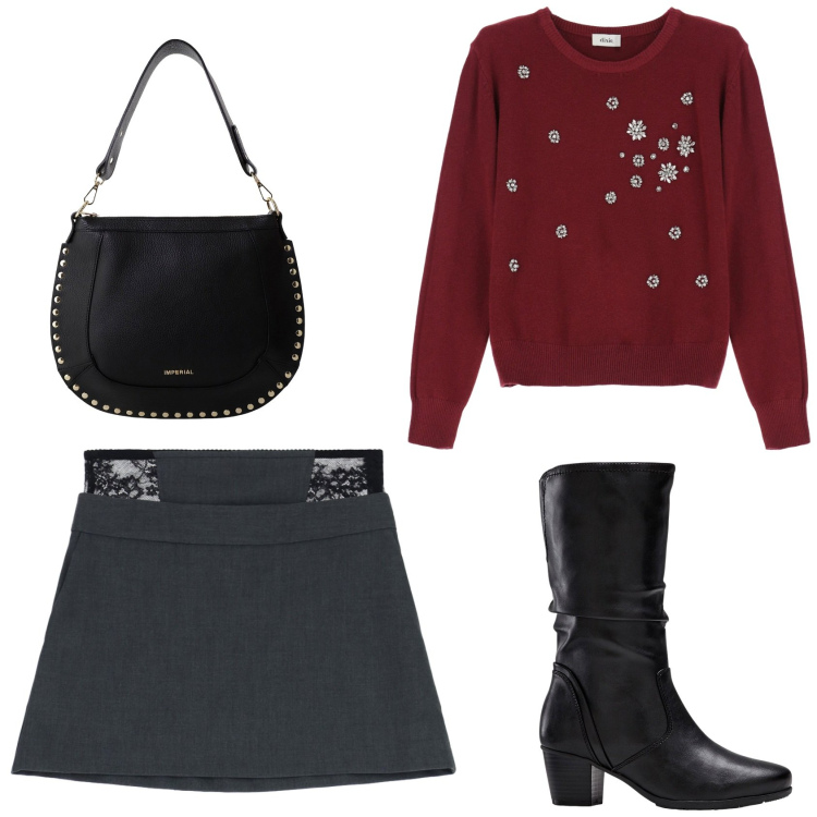 Outfit donna - Venerdi\' a casa di amiche. Stile Casual per Serata fuori. Abbinamento con stivali, maglieria, borse a spalla, minigonne.