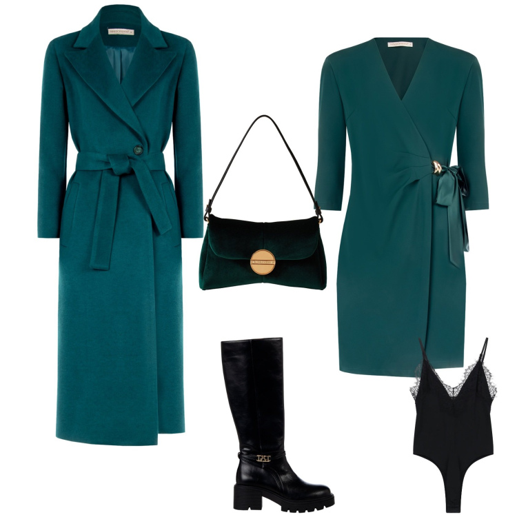 Outfit donna - Cerimonia evento serata. Stile Chic per Serata fuori. Abbinamento con body, borse a tracolla, vestiti corti, cappotti, stivali sopra il ginocchio.