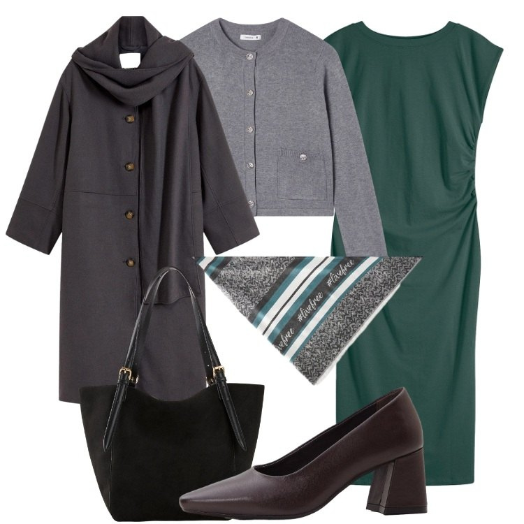 Outfit donna - Classica in ufficio. Stile Bon Ton per Ufficio. Abbinamento con vestiti, décolleté, cappotti, shopping bag, cardigans, foulard.