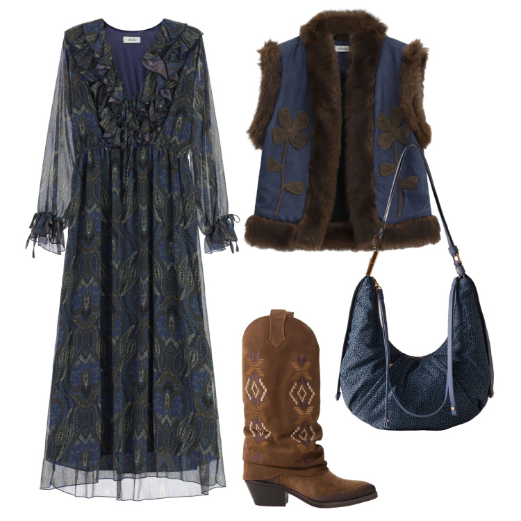 Outfit donna - Boho chic in città. Stile Boho per Tutti i giorni. Abbinamento con stivali, gilet, vestiti lunghi, borse a spalla.