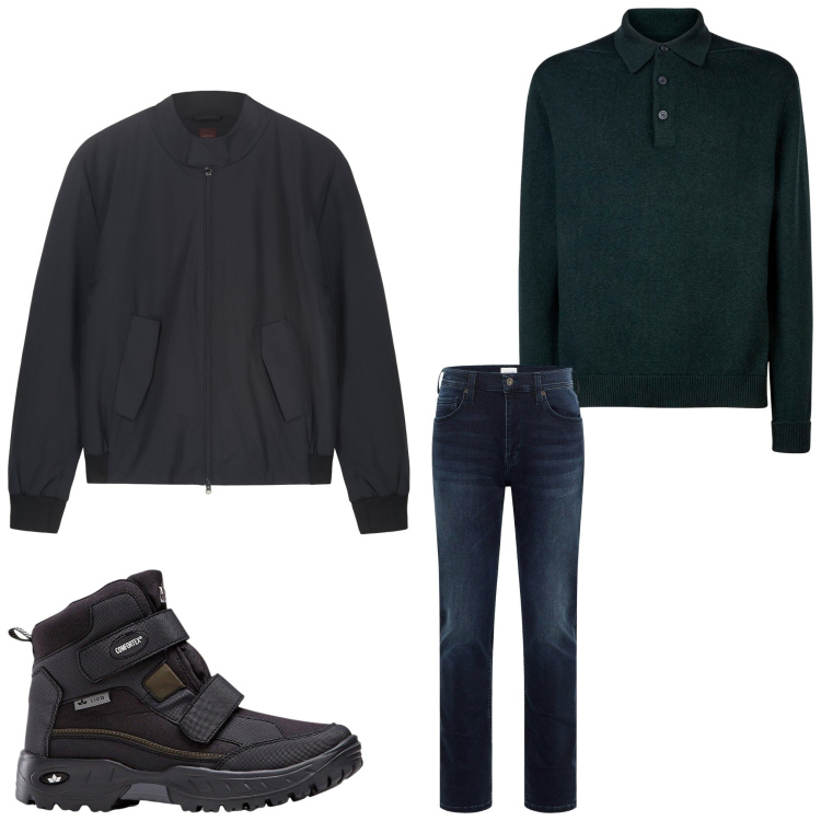 Outfit uomo - Ogni giorno. Stile Casual per Tutti i giorni. Abbinamento con stivali e stivaletti, jeans slim fit, bomber, polo.