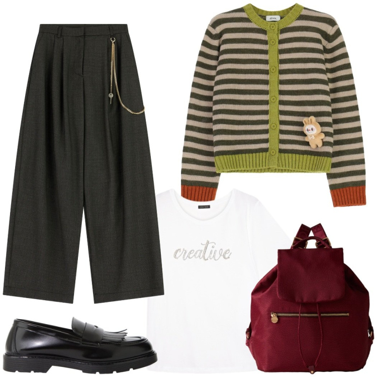 Outfit donna - Outfit creativo. Stile Casual chic per Tutti i giorni. Abbinamento con mocassini, cardigans, zaini, pantaloni a palazzo, t-shirt.