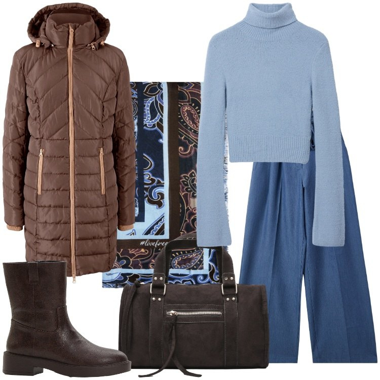 Outfit donna - Terra e cielo. Stile Basic per Tutti i giorni. Abbinamento con blazer, stivaletti, jeans, borse a mano, maglieria, foulard.