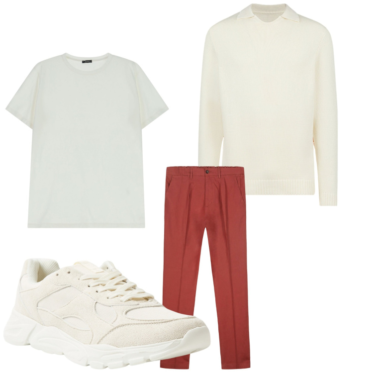Outfit uomo - Bianco, rosso e C.. Stile Casual per Tutti i giorni. Abbinamento con sneakers, t-shirt, maglieria, pantaloni.