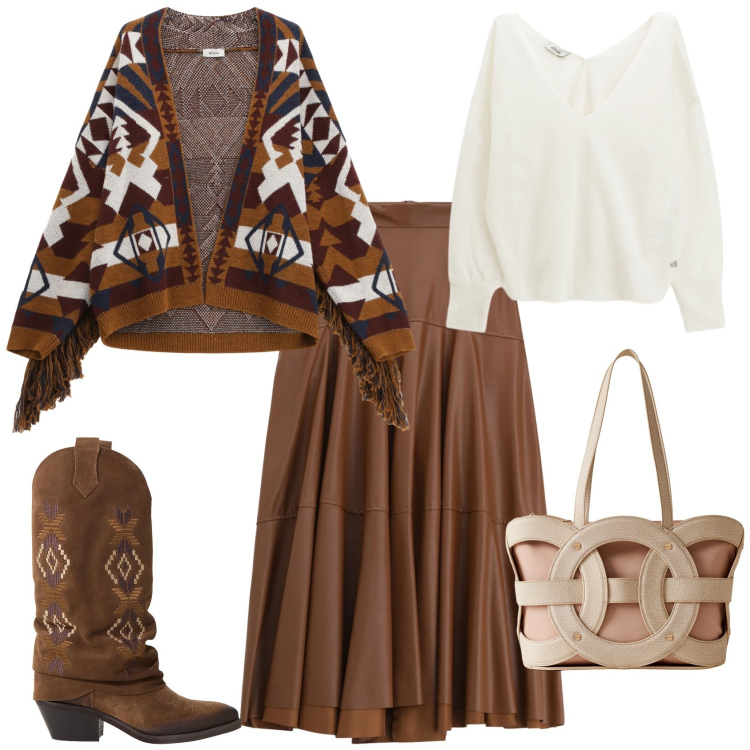 Outfit donna - Contry chic. Stile Casual chic per Tutti i giorni. Abbinamento con stivali, gonne lunghe, cardigans, maglieria, shopping bag.