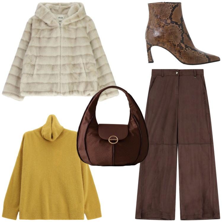 Outfit donna - Primi freddi. Stile Chic per Tutti i giorni. Abbinamento con stivaletti, pantaloni a palazzo, blazer, borse a spalla, maglieria.