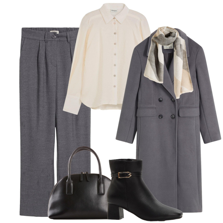 Outfit donna - Ufficio classico basic. Stile Basic per Ufficio. Abbinamento con shopping bag, cappotti, pantaloni, stivaletti, foulard, camicie.