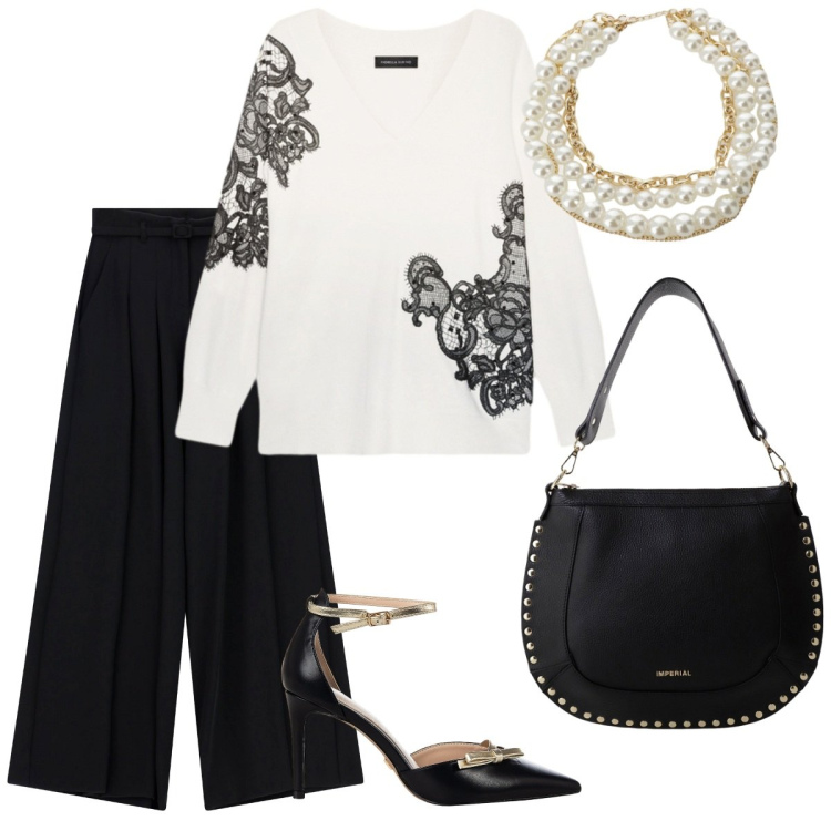 Outfit donna - Serata fuori. Stile Basic per Serata fuori. Abbinamento con décolleté, pantaloni a palazzo, borse a spalla, collane, maglieria.