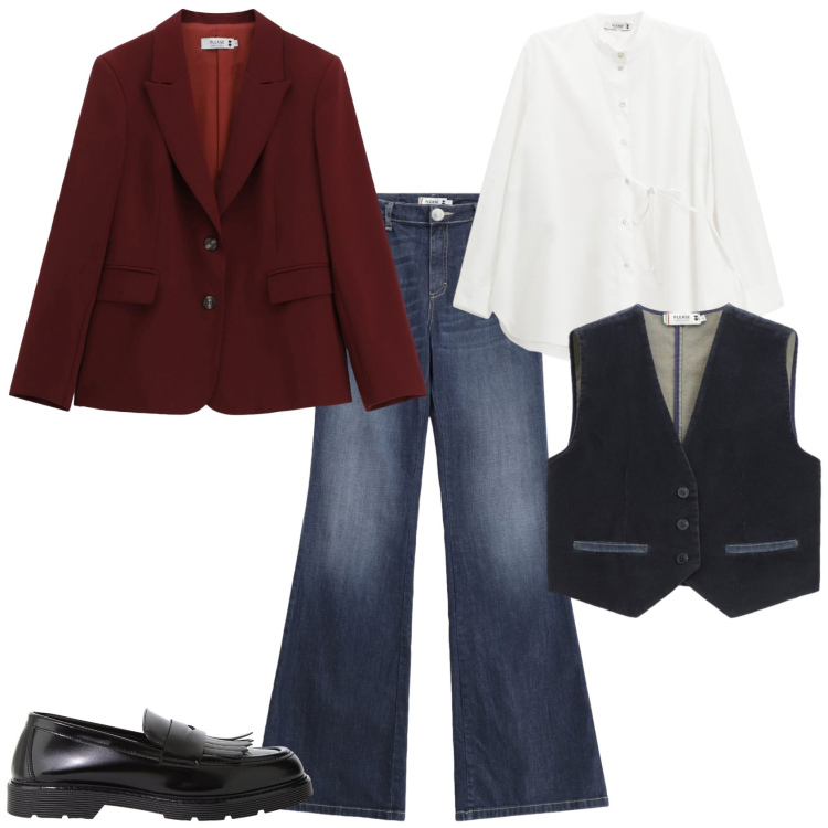 Outfit donna - Trendy tutti i giorni. Stile Trendy per Tutti i giorni. Abbinamento con jeans a zampa, blazer, gilet, camicie, mocassini.
