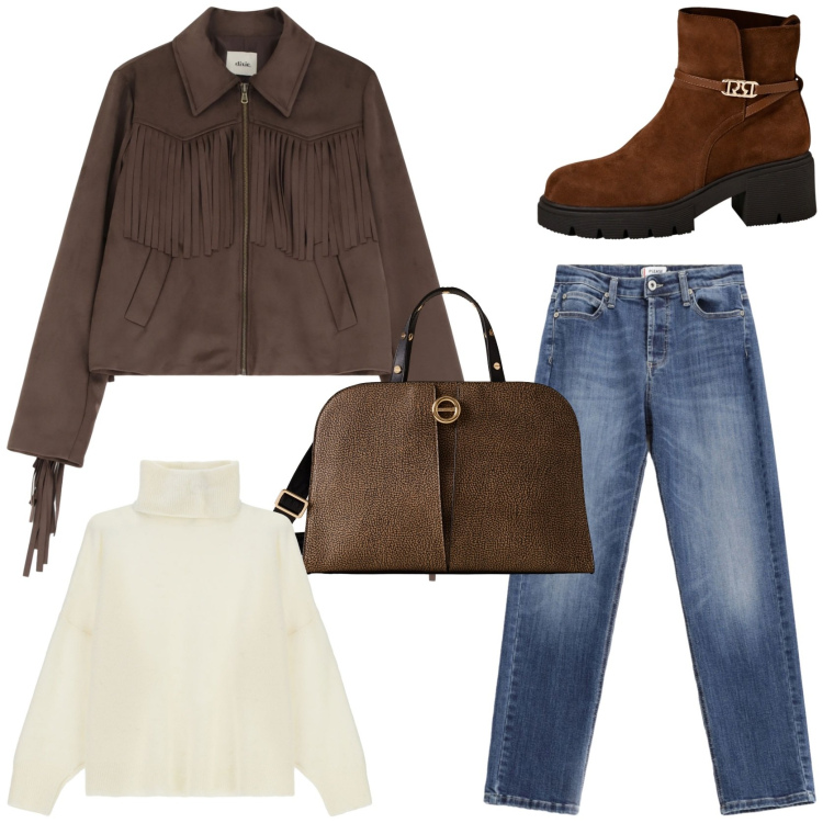 Outfit donna - Fringed jacket. Stile Casual per Tutti i giorni. Abbinamento con jeans, blazer, borse a mano, stivaletti, maglieria.