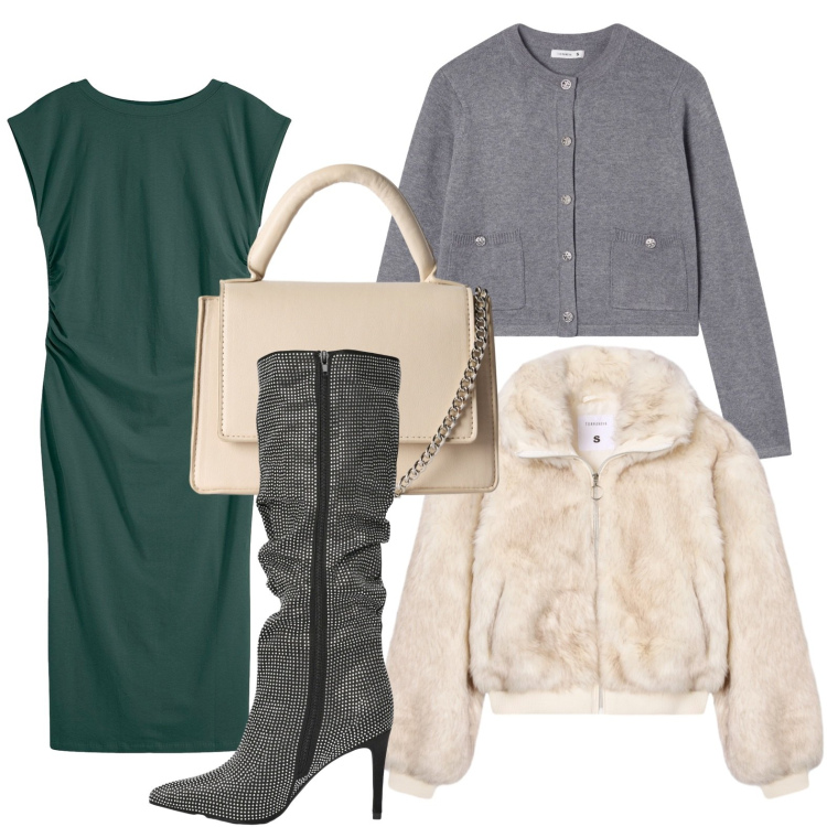 Outfit donna - Il tubino è sempre di moda. Stile Bon Ton per Ufficio. Abbinamento con vestiti, borse a tracolla, cardigans, stivali, ecopellicce.