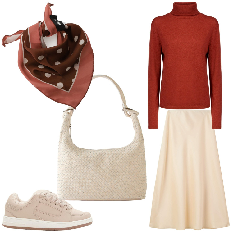 Outfit donna - Serata fuori. Stile Casual chic per Serata fuori. Abbinamento con shopping bag, sneakers, gonne lunghe, foulard, maglieria.