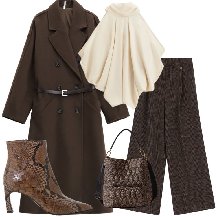 Outfit donna - Elegante a cena. Stile Glamour per Serata fuori. Abbinamento con borse a secchiello, cappotti, top, pantaloni a palazzo, stivaletti.