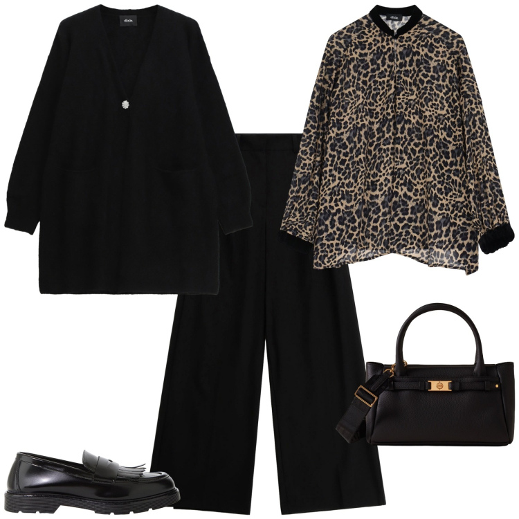 Outfit donna - Total look #2271568. Stile Casual chic per Serata fuori. Abbinamento con mocassini, cardigans, camicie, pantaloni a palazzo, borse a mano.