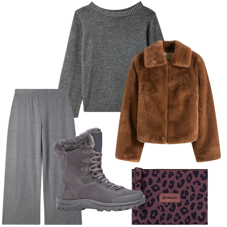 Outfit donna - Pelliccia dalla nuance fondente. Stile Glamour per Ufficio. Abbinamento con stivaletti, ecopellicce, maglieria, pantaloni, clutch.