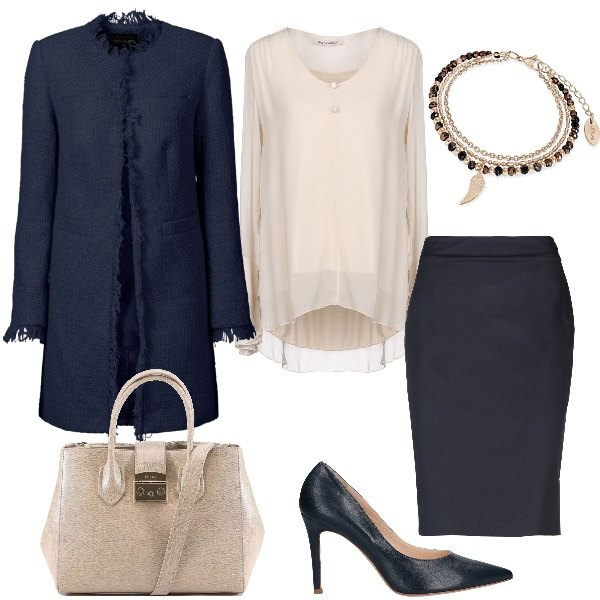 Outfit donna - Dall\'ufficio alla cena. Stile Bon Ton per Tutti i giorni. Abbinamento con blazer, blusa collo tondo a maniche lunghe crêpe, gonna al ginocchio senza tasche contrasto con zip interno foderato tinta unita, décolleté con tacco spillo a punta tinta unita, bracciale, borsa a mano con zip e bottoni.