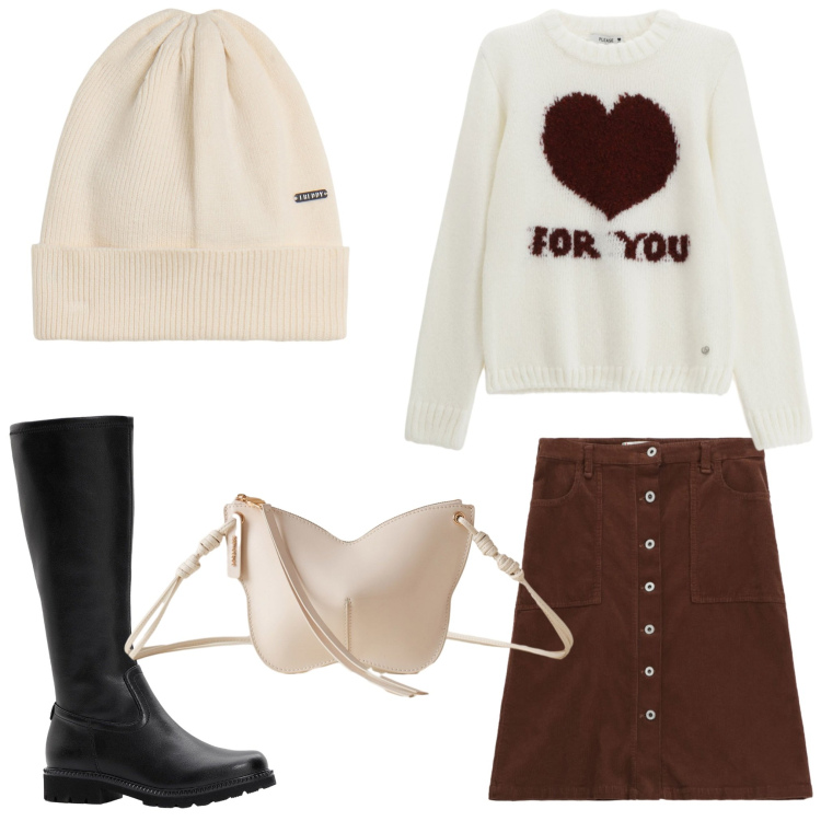 Outfit donna - For me. Stile Casual chic per Tutti i giorni. Abbinamento con stivali, pullovers, gonne, borse a tracolla, berretti.