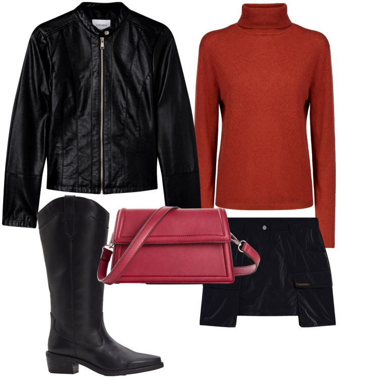 Outfit donna - Il rosso vibrante. Stile Minimal per Serata fuori. Abbinamento con stivali, borse a tracolla, giacche, minigonne, maglieria.