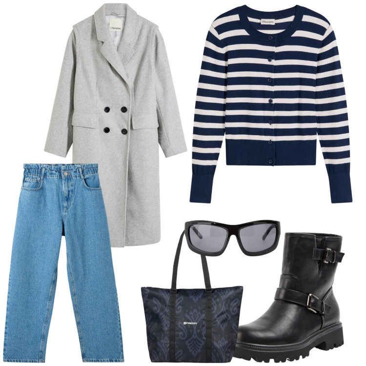 Outfit donna - Easy look. Stile Urban per Tutti i giorni. Abbinamento con cappotti, cardigans, jeans, stivaletti, occhiali da sole, shopping bag.