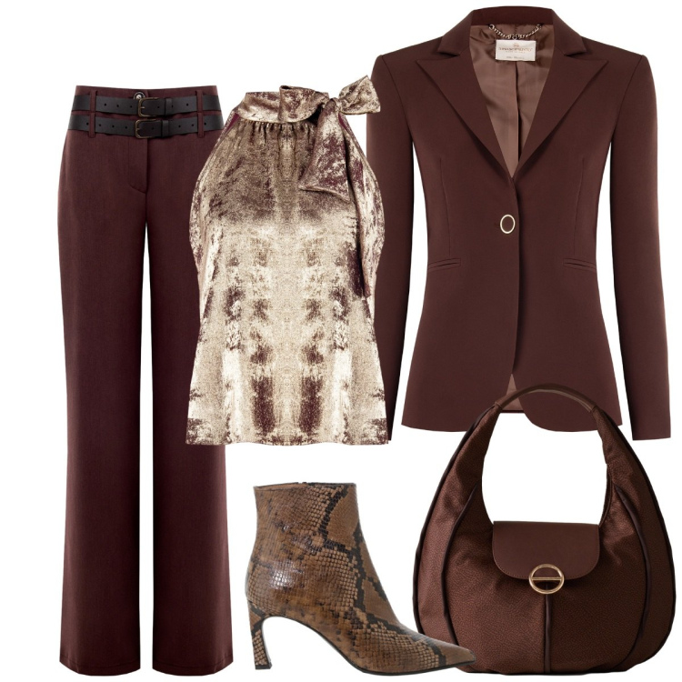 Outfit donna - Cerimonia. Stile Basic per Cerimonia. Abbinamento con blazer, top, pantaloni, stivaletti, borse a spalla.