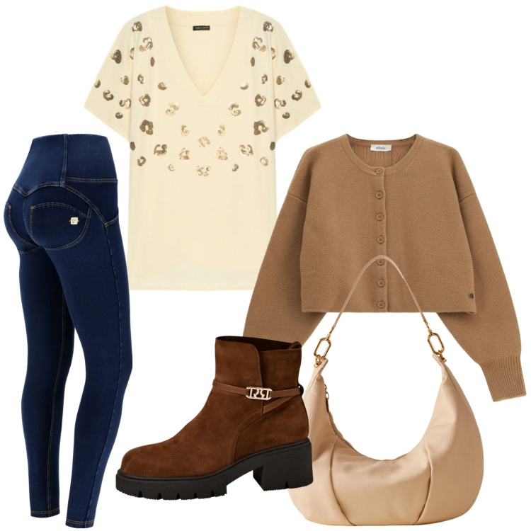 Outfit donna - Il cardigan confortevole. Stile Casual per Tutti i giorni. Abbinamento con cardigans, borse a spalla, stivaletti, jeggings, t-shirt.