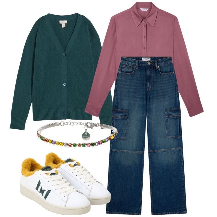 Outfit donna - I look colorati mi riscaldano. Stile Casual chic per Tutti i giorni. Abbinamento con cardigans, jeans, camicie, sneakers, braccialetti.