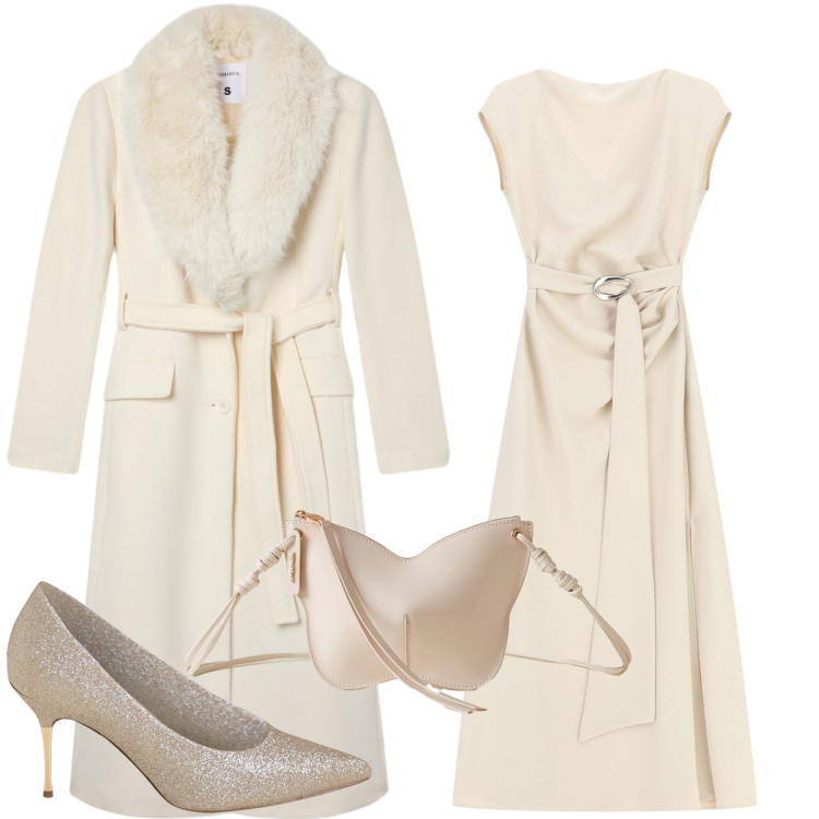 Outfit donna - Un dolce color latte per l\'inverno. Stile Glamour per Serata fuori. Abbinamento con cappotti, borse a tracolla, décolleté, vestiti lunghi.