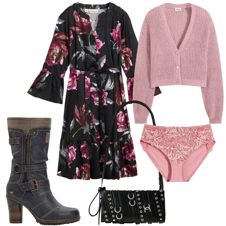 Outfit donna - Abito con morivo floreale. Stile Glamour per Serata fuori. Abbinamento con cardigans, vestiti chemisier, culotte, stivali, borse a spalla.
