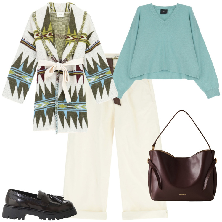 Outfit donna - Total look #2271583. Stile Casual chic per Tutti i giorni. Abbinamento con cardigans, pantaloni, mocassini, maglieria, borse a mano.