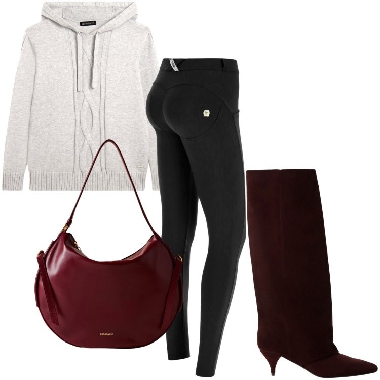 Outfit donna - Il maglione soffice. Stile Minimal per Ufficio. Abbinamento con pantaloni skinny, maglieria, stivali, borse a spalla.