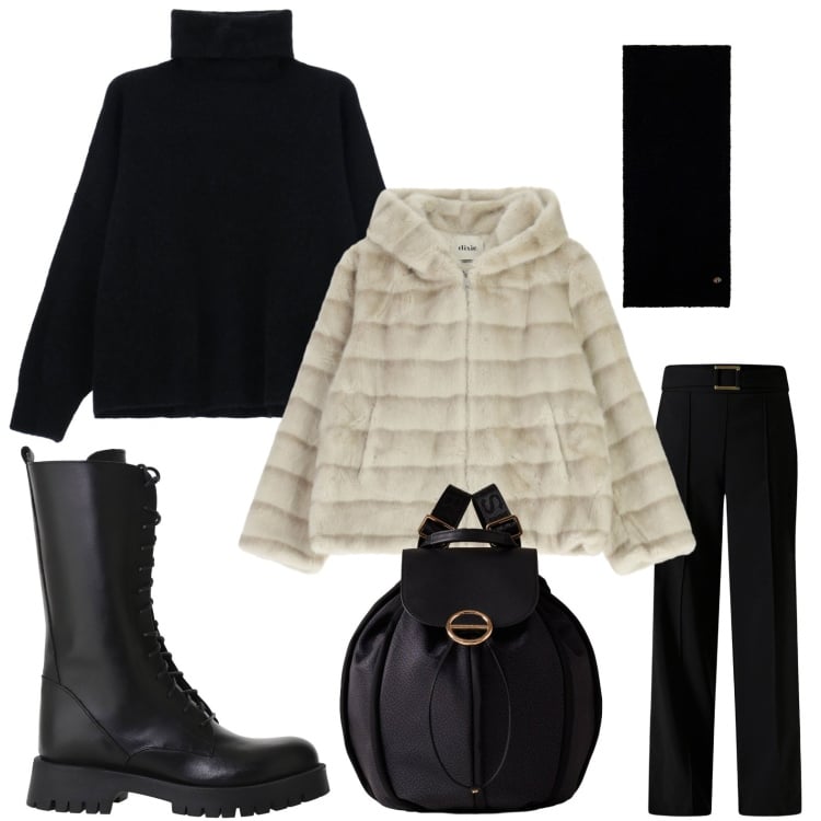 Outfit donna - Il nero non basta mai. Stile Chic per Serata fuori. Abbinamento con pantaloni, maglieria, blazer, stivali, sciarpe, zaini.