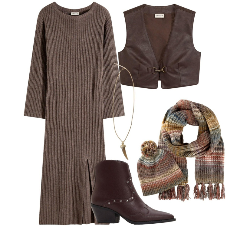 Outfit donna - La maglieria artigianale. Stile Etnico per Tutti i giorni. look ideale per Tall. Abbinamento con gilet, sciarpe, stivaletti texani, vestiti, collane.