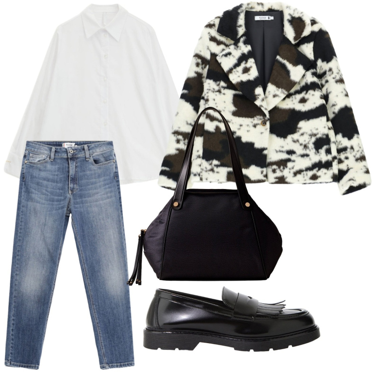 Outfit donna - Il blazer autunnale. Stile Glamour per Serata fuori. Abbinamento con jeans skinny, blazer, mocassini, shopping bag, camicie.