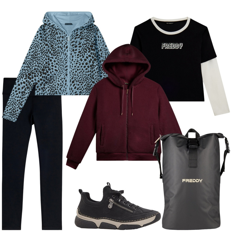 Outfit donna - Sport all\'aperto. Stile Sporty chic per Sport. Abbinamento con sneakers, felpe con cappuccio, borse sportive, t-shirt, bomber, leggings.