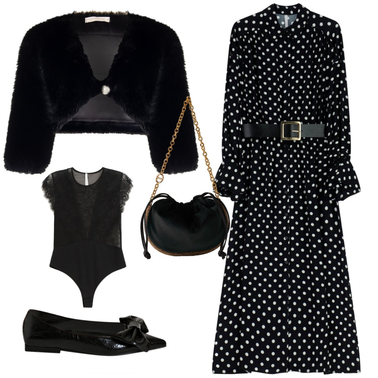 Outfit donna - Vintage retro chic. Stile Vintage retrò per Serata fuori. Abbinamento con ballerine, bolero, body, vestiti midi/longuette, borse a spalla.