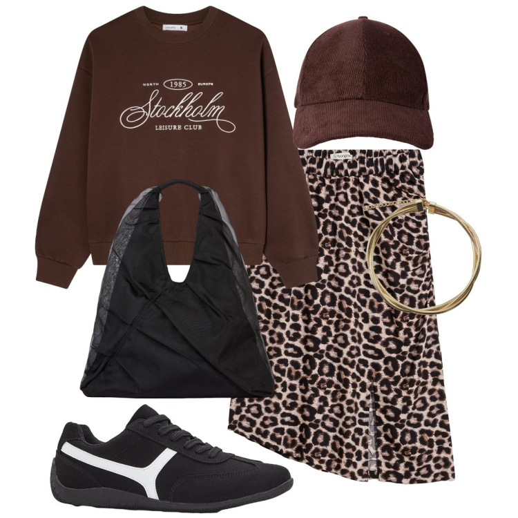 Outfit donna - La rapidità dello sporty chic. Stile Sporty chic per Tutti i giorni. Abbinamento con gonne, sneakers, felpe, cappelli con visiera, collane, shopping bag.