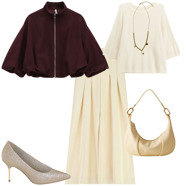 Outfit donna - Total look #2271608. Stile Chic per Serata fuori. Abbinamento con décolleté, maglieria, bomber, pantaloni a palazzo, ciondoli, borse a spalla.