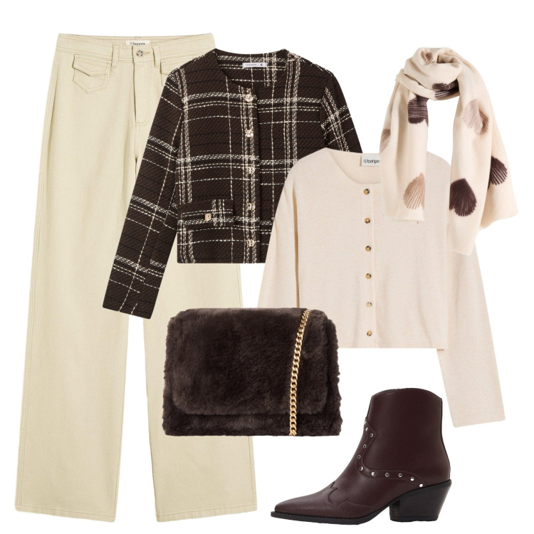 Outfit donna - Aperitivo mix & match. Stile Casual chic per Tutti i giorni. Abbinamento con cardigans, pantaloni, stivaletti texani, sciarpe, blazer, borse a tracolla.