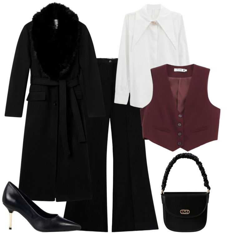 Outfit donna - Chic serata evento. Stile Chic per Serata fuori. Abbinamento con cappotti, gilet, pantaloni, décolleté, borse a mano, camicie.