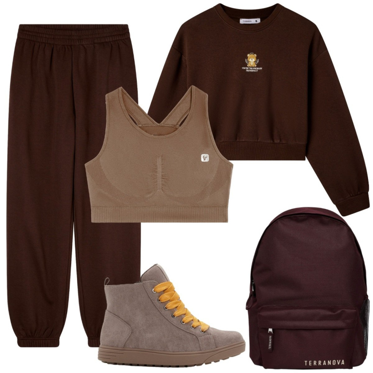 Outfit donna - Scuola. Stile Basic per Scuola/Università. Abbinamento con sneakers alte, zaini, felpe, pantaloni, reggiseni.