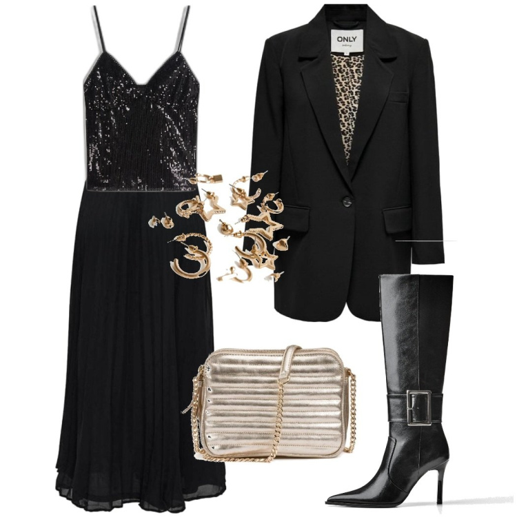 Outfit mujer - Noche Chic. Estilo Glamour para Noche/Fiesta elegante. Combinación con botas, top, faldas, blazers, bolsos de hombro, pendientes.