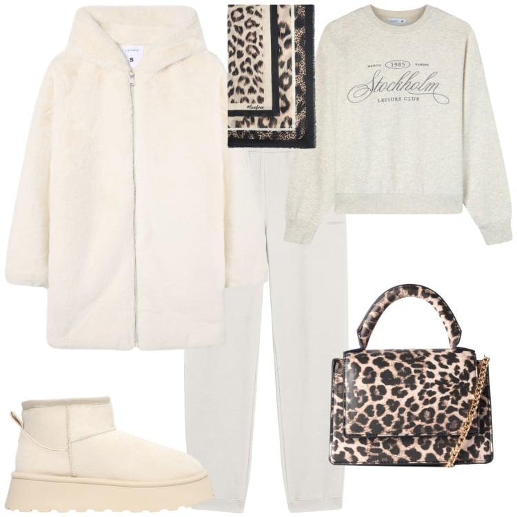 Outfit donna - Week end in montagna sporty chic. Stile Sporty chic per Tutti i giorni. Abbinamento con cappotti, felpe, borse a tracolla, stivaletti, pantaloni, foulard.