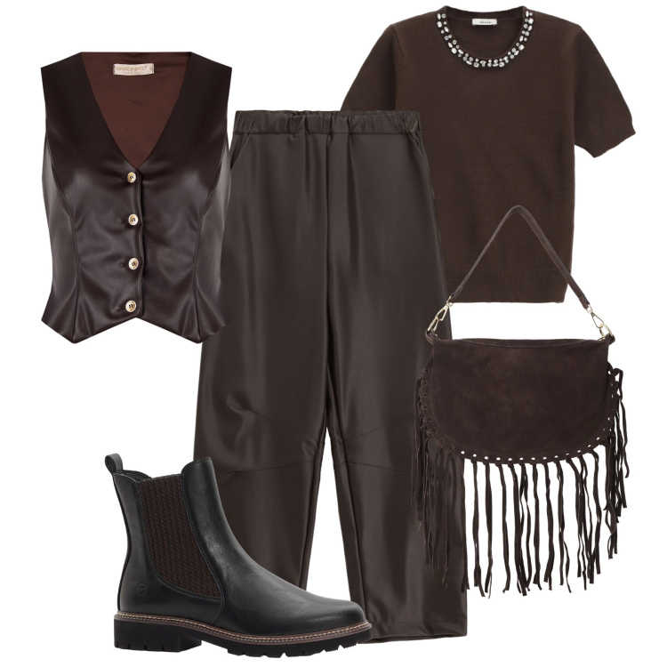 Outfit donna - Total brown. Stile Trendy per Tutti i giorni. Abbinamento con stivaletti chelsea, borse a tracolla, pantaloni, maglieria, gilet.