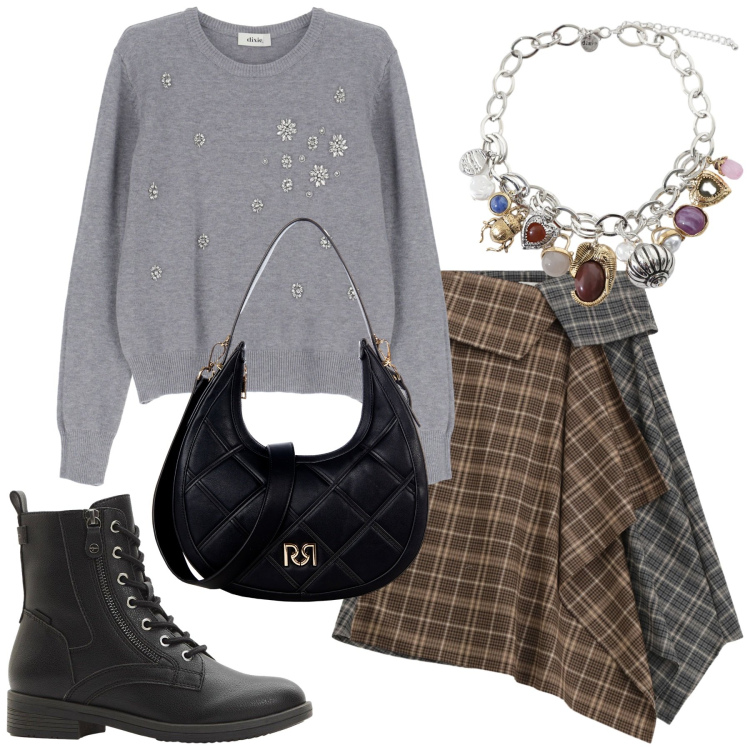 Outfit donna - Total look #2271626. Stile Urban per Tutti i giorni. Abbinamento con stivaletti, maglieria, braccialetti con ciondoli, minigonne, borse a tracolla.