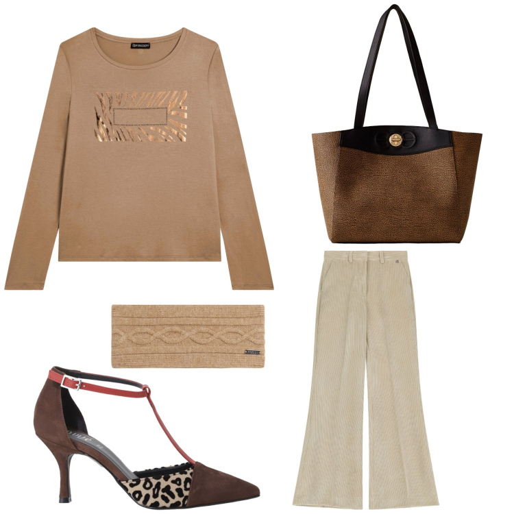 Outfit donna - Comoda con il pantalone palazzo. Stile 70s per Ufficio. Abbinamento con décolleté, pantaloni a palazzo, accessori per capelli, t-shirt, shopping bag.