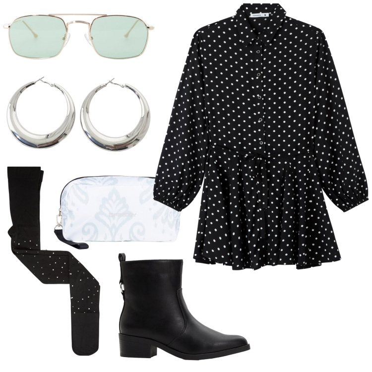 Outfit donna - Chemisier. Stile Casual chic per Tutti i giorni. Abbinamento con stivaletti, collant, vestiti chemisier, orecchini, occhiali da sole, valigie.
