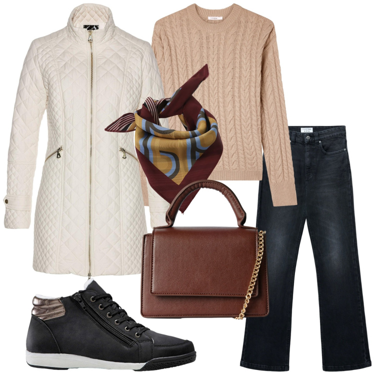 Outfit donna - Total look #2271638. Stile Casual chic per Tutti i giorni. Abbinamento con sneakers alte, blazer, borse a tracolla, jeans bootcut, maglieria, foulard.