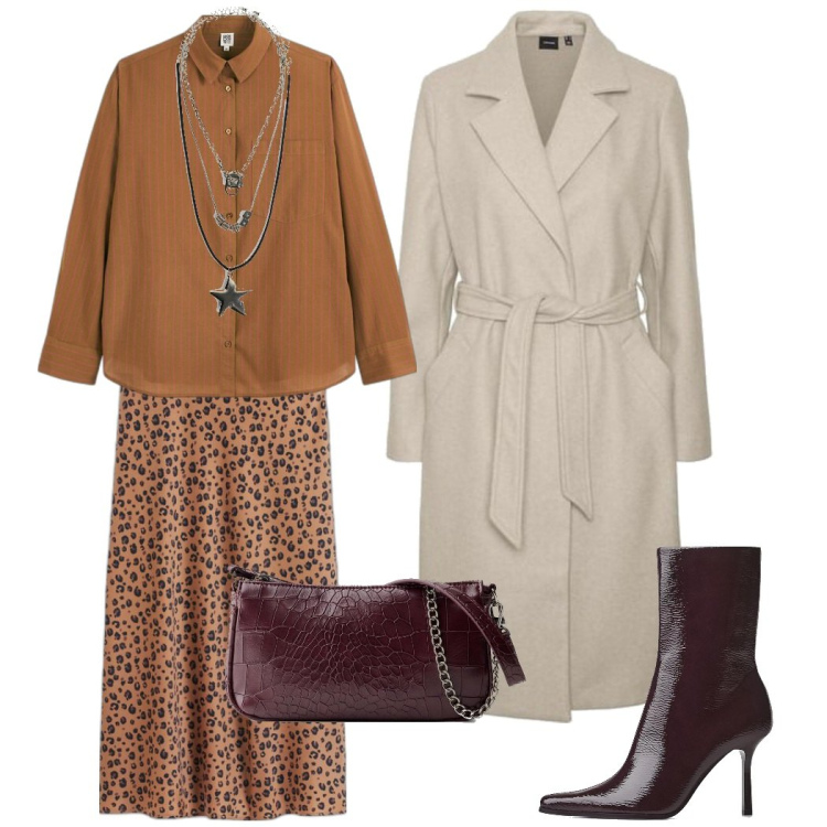Outfit mujer - Choco Chic. Estilo Trendy para Todos los días. Combinación con collares, faldas, camisas, abrigos, botines, bolsos de mano.