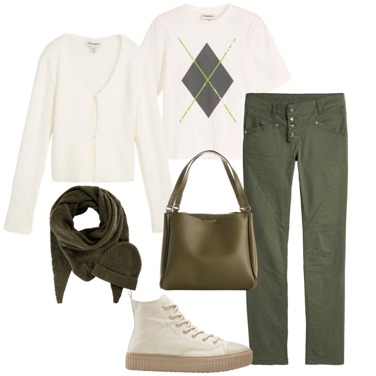 Outfit donna - Total look #2271642. Stile Casual chic per Tutti i giorni. Abbinamento con maglieria, pantaloni, sciarpe, sneakers alte, borse a mano, cardigans.