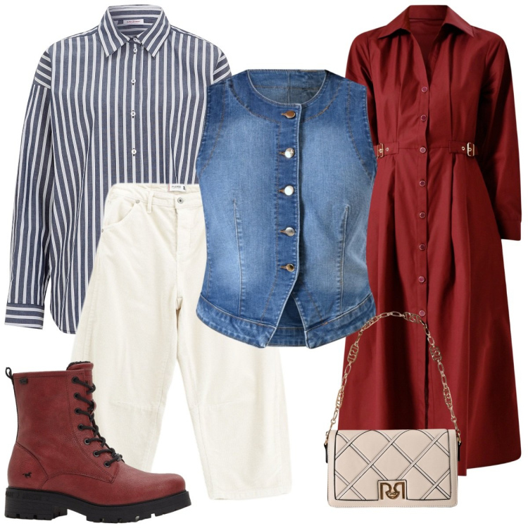 Outfit donna - Il gilet di jeans. Stile Casual per Ufficio. Abbinamento con camicie, stivaletti, pantaloni, borse a tracolla, gilet, vestiti chemisier.